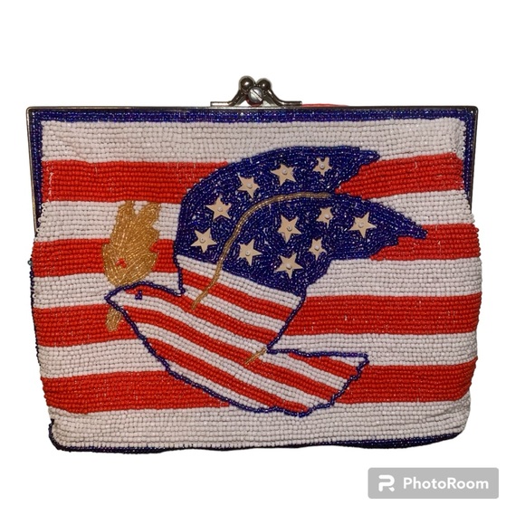 RARE America Flag Eagle FULLY Beaded Purse With Strap - Picture 3 of 4